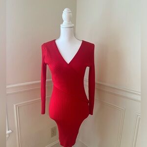 Red Bodycon Knit Wrap Midi Sweater Dress
